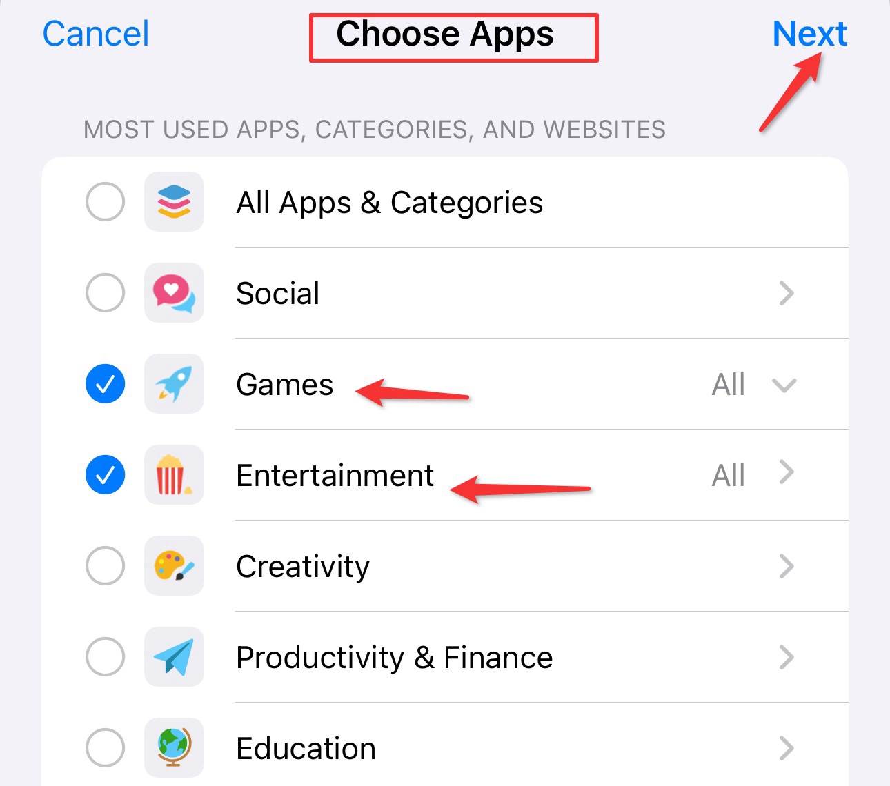 select the app or category