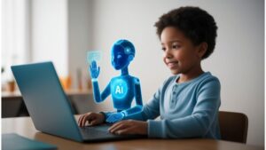 Young boy engaging with a digital AI robot and laptop, illustrating the use of artificial intelligence in classroom learning environments.