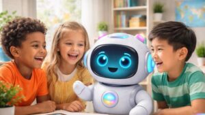 Happy children interacting with a friendly AI chatbot robot for educational and safe conversational play.