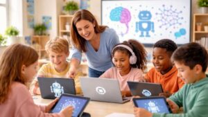 Children learning with tablets and a teacher in a classroom, exploring AI technology and digital education tools.